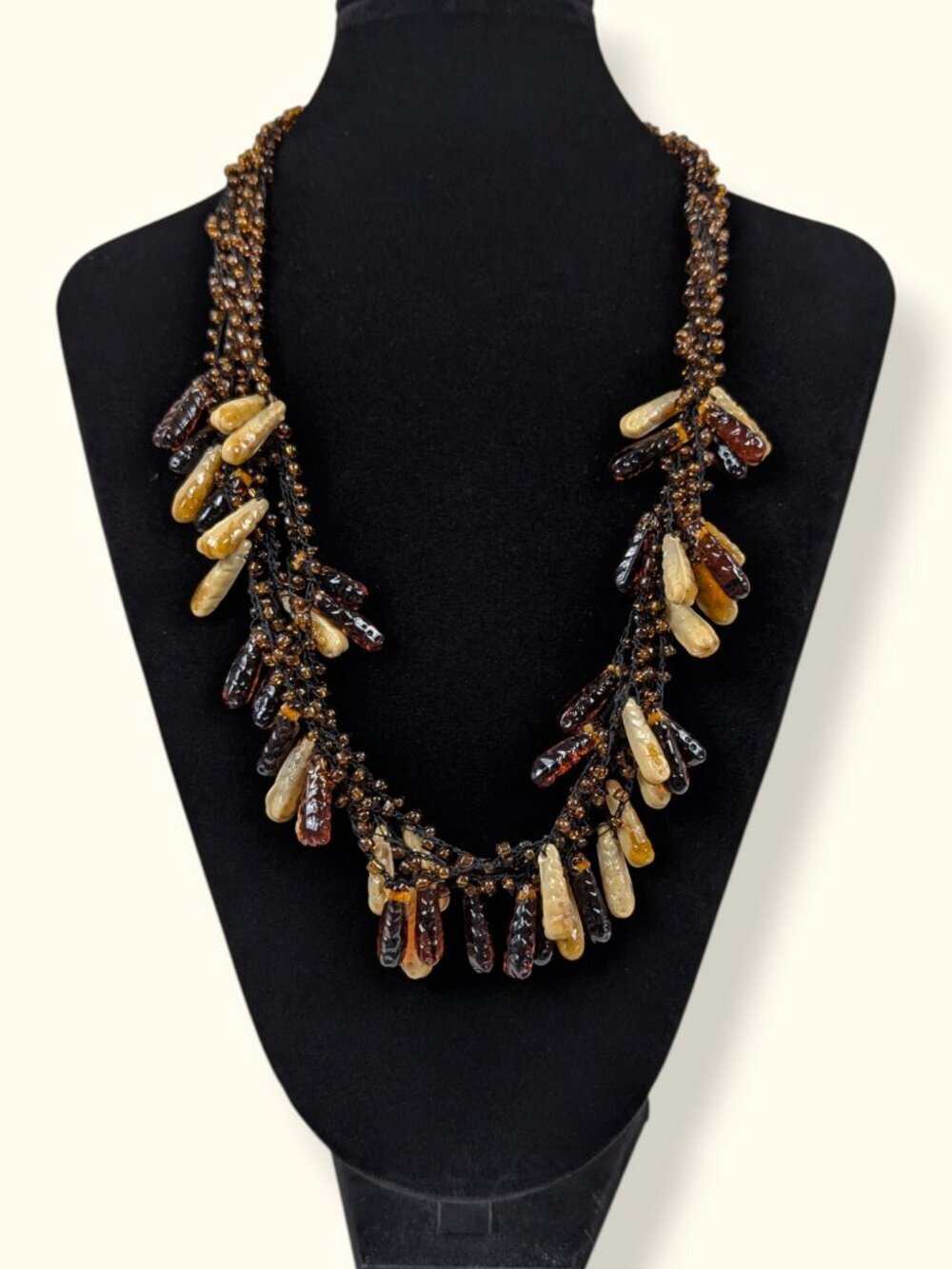 Brown & Beige Molded Plastic Dangling Beaded Necklace